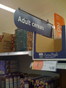 Sign saying \"Adult Cereals\"